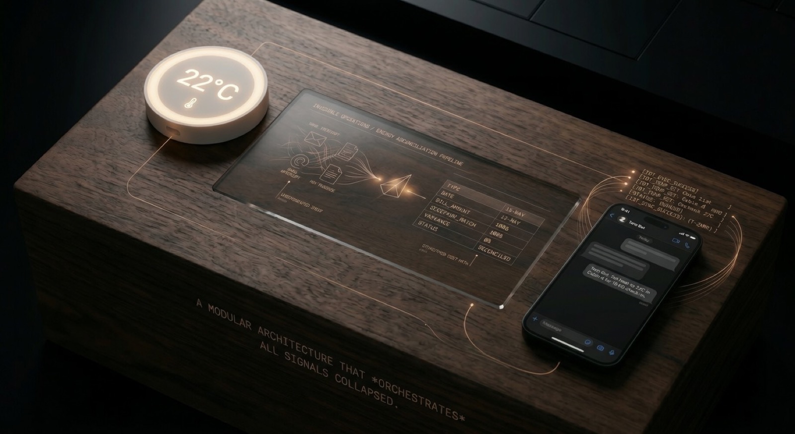 Conceptual render: a walnut command surface with a 22°C ambient thermostat, a holographic 'invisible operations' pipeline, and Tero Bot in WhatsApp.