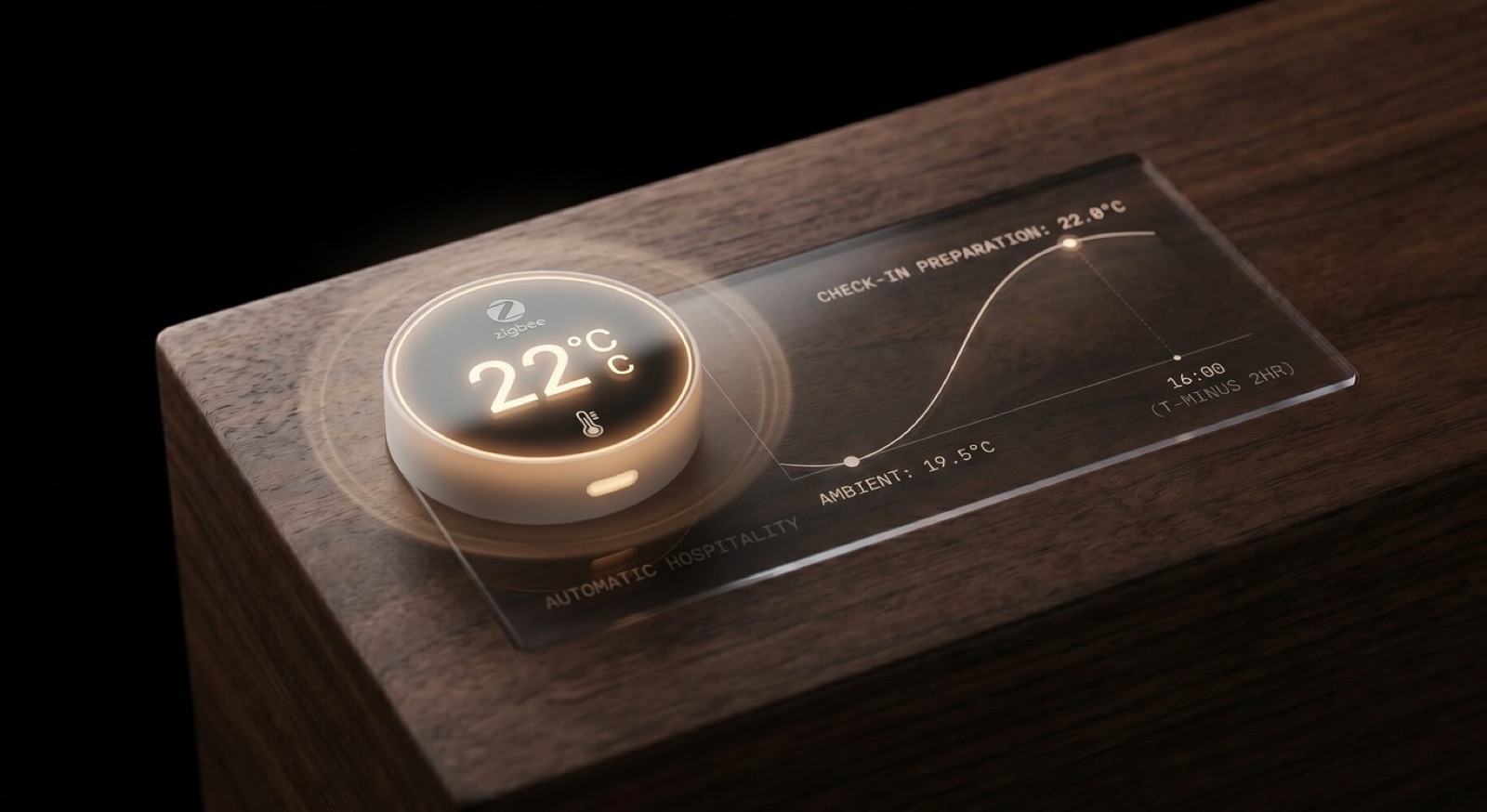 Conceptual render: a Zigbee ambient thermostat glowing 22°C on walnut wood, beside a holographic 'Check-in Preparation' graph showing the room ramping from 19.5°C to 22.0°C by 16:00 (T-minus 2h).