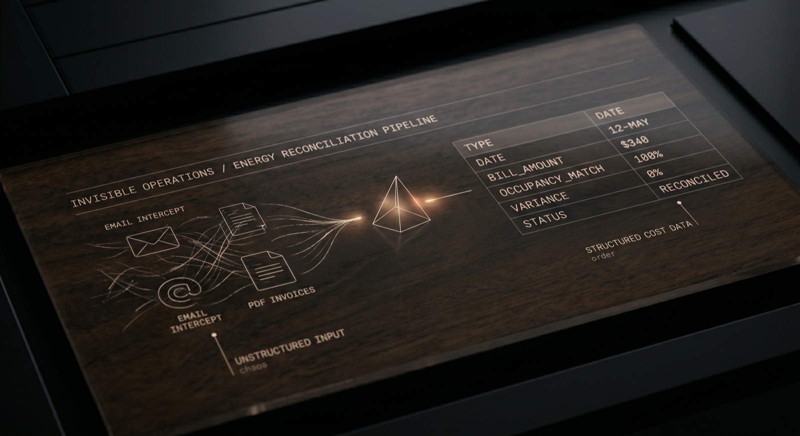 Conceptual render: a walnut surface with a holographic 'Invisible Operations / Energy Reconciliation Pipeline' panel — chaotic email and PDF invoices flow through an amber prism into a structured cost table on the right (TYPE, DATE, BILL_AMOUNT, OCCUPANCY_MATCH, VARIANCE, STATUS — all RECONCILED).